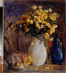 Nenuphars dans un vase blanc (Vannliljer i en hvit kanne) - Maleri av Pyotr Ivanovich Petrovichev (Pyotr Petrovichev) (1874-1947), olje på lerret - Russisk kunst sent på 1800- og 1900-tallet, modernisme - State V Surikov Art Museum, Krasnoyarsk (Russland)
