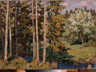 Epletrær i mai. Maleri av Pyotr Ivanovich Petrovichev (Pyotr Petrovichev) (1874-1947), olje på lerret. Russisk kunst, landskap fra 1900-tallet, modernisme. Regionalt kunstgalleri, Chelyabinsk (Russland).