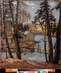 Vår. Ved en dam. Maleri av Pyotr Ivanovich Petrovichev (Pyotr Petrovichev) (1874-1947), olje på lerret