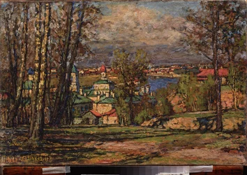 Utsikt over Moskva fra Vorobievy Gori (Sparrow Hills) (på høyre bredd av Moskva). Maleri av Pyotr Ivanovich Petrovichev (Pyotr Petrovichev) (1874-1947), olje på lerret