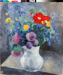 Fleurs (Blomster) - Maleri av Pyotr (Piotr, Petr) Savvich Utkin (Utkin) (1877-1934), tempera på lerret