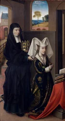 ""Portrett av Isabella av Portugal (1397-1471) representert med Saint Elizabeth"" (Isabel av Portugal med Saint Elizabeth) Maleri av Petrus Christus (1410/20-1475/76) - 1457-1460 - Olje på tre Dim 59x33 cm Groeningemuseum, Brugge