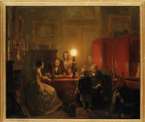 En familie samlet rundt et lampeopplyst bord, 1854