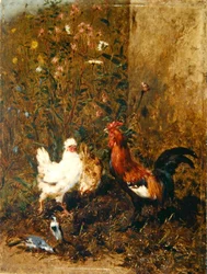 Kyllinger og fugler (olje på panel)