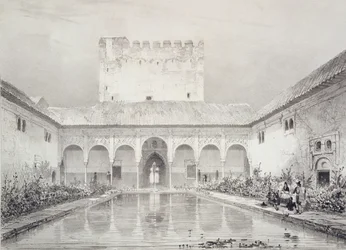 Basseng og fontene i gårdsplassen til Alberca, Alhambra, plate 21 fra 