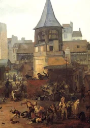 Rejuissances gitt av byen Paris aux Halles 21.01.1782 i anledning fødselen til Dauphin Louis Joseph av Frankrike (1781-1789) Detalj. Maleri av Louis Philibert Debucourt (1755-1832) 1782 Søn. 0,89x1,16 m Paris, Musee Carnavalet
