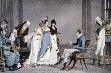The Orange, av Louis-Philibert Debucourt (1755-1832), akvatint, scene med møbler i etruskisk inspirert Directoire-stil, Frankrike