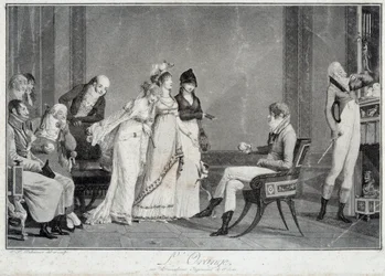 Den oransje eller den moderne dommen av Paris Parodi på dommen i Paris iscenesetter en ung mann i mote av Directoire (Utrolig) å velge mellom tre Wonderful. Trykk av Philibert Louis Debucourt (1755-1832) 1800 rundt Paris, Musee Carnava
