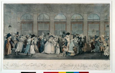 Gå gjennom galleriet til det kongelige palasset i 1787. Gravering av Louis Philibert Debucourt (1755 - 1832)
