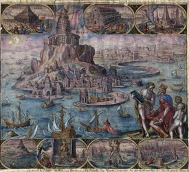 Representasjon av antikkens syv underverker: Fyret i Alexandria (på Pharos-øya) i Alexandria, Egypt - Fyret i Alexandria (fra serien "Verdens åttende underverker") Etter Maarten van Heemskerck - Galle, Philip ( 1537-16