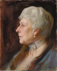 Portrett av prinsesse Henry av Battenberg, født prinsesse Beatrice av Storbritannia, i profil til venstre, iført choker og øredobber