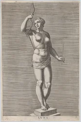 Plate 7: Diana, statue av den nakne gudinnen stående på en sokkel, med en halvmåne i ..., 1586