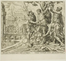 Israelittene finner Achior bundet til et tre, plate to fra historien om Judith og Holofernes