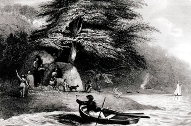 Fuegian Wigwams ved Hope Harbour i Magdalen Channel, gravert av S. Bull, 1838
