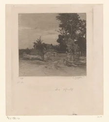 Gård på landevei med trær Village (original tittel)