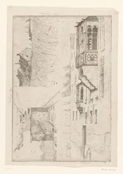 Wheatfield med hus og to utsikter over hus i en by Et Blight hull; Champ de Blé / Rue Haute / Etude de la bretêche de l