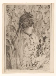 Kvinne med blomsterbukett La Bête a Bon Dieu (original tittel)