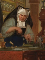 Detalj av apoteket ved Saint-John's Hospital (olje på panel)