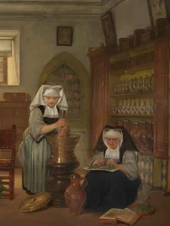 Detalj av apoteket ved Saint-John's Hospital (olje på panel)