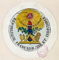 Den franske revolusjon: segl dekorert med symboler for republikken og frimureriet. Gravering av Philippe Auguste Hennequin (1762-1833), 1792. Paris, Carnavalet-museet