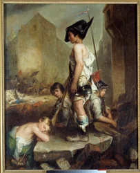 Julirevolusjonen: «Les Trois Glorieuses: les petits patriotes»» Young gjør opprør på barrikadene i Paris. Maleri av Philippe Auguste Jeanron (1809-1877) 1830 Caen. Museum of Fine Arts