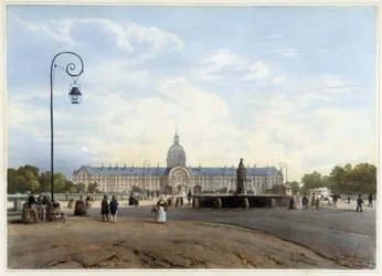 Hôtel des Invalides sett fra Champ de Mars - i ""Walk in Paris and its environments"", av Jacottet og Benoist, red. Gihaut