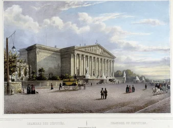Deputertkammeret (nasjonalforsamlingen) - i "" En tur i Paris og dens omgivelser"", designet av Jacottet og Benoist, ca. 1840