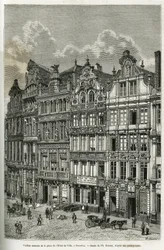Gamle hus på rådhusplassen i Brussel. Gravering av Ph. Benoist, for å illustrere historien om Belgia av Camille Lemonnier, publisert i tour du monde, under ledelse av Edouard Charton (1807-1890), Paris