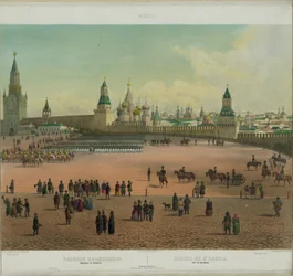 Basilikumkatedralen ved Den røde plass i Moskva fra en panoramautsikt over Moskva i 10 deler, ca 1848