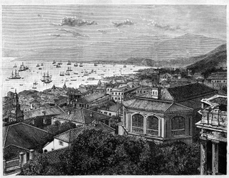 Utsikt over Hong Kong Bay. Gravering etter en tegning av Benoist, i "" Le Tour du Monde, Nouveau journal des Voyages", redigert av Edouard Charton, Paris