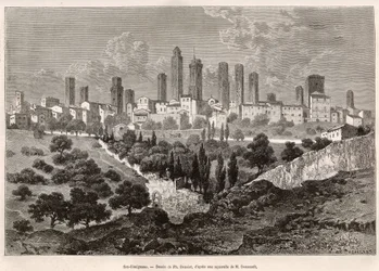 Utsikt over San Gimignano (Toscana, Italia). Gravering etter tegningen av Ph. Benoist, for å illustrere reisen til Toscana og Umbria, av Francis Wey, i 1875, publisert i "" Le tour du monde"" 1876, redigert av Edouard Charton, Hachette-utgaven, Paris. Selv