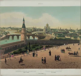 Utsikt over Frelserens katedral og Moskva Kreml fra en panoramautsikt over Moskva i 10 deler, ca 1848