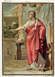 Pyrrhos, kostyme til «Andromake» av Jean Racine, fra bind I av «Forskning på alle nasjoners kostymer og teater», gravert av Pierre Michel Alix (1762-1817), 1802