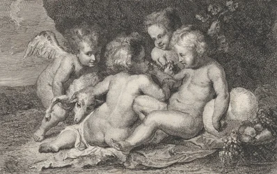 En gruppe på tre barn og en putto med frukt og et lam, ca. 1760-1801.