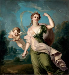 Kjærlighetsgudinnen (Afrodite eller Venus). En amor ledsager henne med pil og bue. Maleri av Philippe Mercier (1689–1760). Olje på lerret. Størrelse: 162,5 x 149,9 cm. Privat samling.