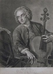 Portrett av John Hebden (fl.1740-60), en cellist i Händels orkester, gravert av John Faber (1684-1756), 1741