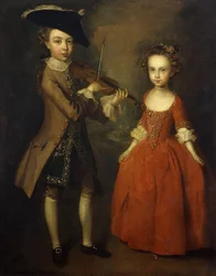 The Archbold Children: Et gruppeportrett av en liten gutt, i full lengde iført en beige frakk, mørkeblå gullbrodert vest, og trehjørninghatt og spiller fiolin, og søsteren hans, i full lengde, iført en rød kjole, med blomster i henne Hår, forbereder seg ti