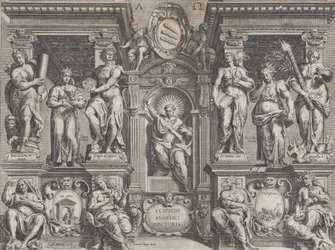 Allegorisk avhandlingstrykk med forskjellige figurer, satt i en arkitektonisk struktur, 1608.