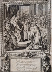 Board of Statutes of the Order of Malta "" Statuta Hospitalis Hervsalem"" (mykning av en ridder av en pave), av Philippe Thomassin, sent på 1500-tallet