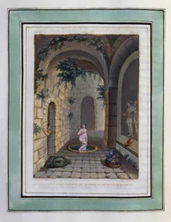 Kloe vasker seg i nymfenes fontene i Dafnis#39; nærvær. Tegning av Philippe d#39;Orléans (1674–1723), for Daphnis og Kloes pastorale kjærligheter av Longus – Illustrasjon fra Daphnis og Kloes pastorale kjærligheter fra 1787 – Illustrasjon 