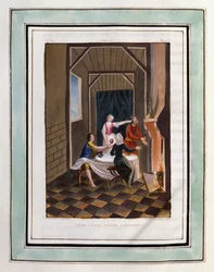 Chloe skjenker en drink til Daphnis. Tegning av Philippe d#39;Orléans (1674–1723), for Daphnis og Chloes pastorale kjærligheter av Longus - Illustrasjon fra Daphnis og Chloes pastorale kjærligheter fra 1787 - Illustrasjon fra quot;Daphnis og Chloes pastora