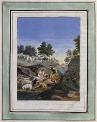 Daphnis og Chloe befrir Dorcon fra hundene sine. Tegning av Philippe d#39;Orléans (1674–1723), for Daphnis og Chloes pastorale kjærligheter av Longus - Illustrasjon fra Daphnis og Chloes pastorale kjærligheter fra 1787 - Illustrasjon fra quot;Kjærlighetene