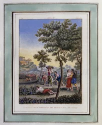 Daphnis og Chloe deler arbeidet med vinhøsten. Tegning av Philippe d#39;Orléans (1674-1723), for Daphnis og Chloes pastorale kjærligheter av Longus - Illustrasjon fra Daphnis og Chloes pastorale kjærligheter 1787-utgaven - Illustrasjon fra quot;Daphnis og 