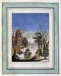 Daphnis tar med seg fugler om vinteren for å se Chloe. Tegning av Philippe d#39;Orléans (1674–1723), for Daphnis og Chloes pastorale kjærligheter av Longus - Illustrasjon fra Daphnis og Chloes pastorale kjærligheter 1787-utgaven - Illustrasjon fra quot;The