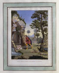 Dryas finner Chloe, som han bærer til sin kone. Tegning av Philippe d#39;Orléans (1674-1723), for Daphnis og Chloes pastorale kjærligheter av Longus - Illustrasjon fra Daphnis og Chloes pastorale kjærligheter 1787-utgaven - Illustrasjon fra quot;De pastora