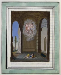 Nymfene lover Daphnis at Chloe skal komme tilbake. Tegning av Philippe d#39;Orléans (1674-1723), for Daphnis og Chloes pastorale kjærligheter av Longus - Illustrasjon fra Daphnis og Chloes pastorale kjærligheter 1787-utgaven - Illustrasjon av quot;Kjærligh