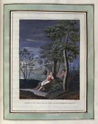Chloes angrer, ettersom hun tror hun har blitt forlatt av Daphnis. Tegning av Philippe d#39;Orléans (1674–1723), for Daphnis og Chloes pastorale kjærligheter av Longus – Illustrasjon fra Daphnis og Chloes pastorale kjærligheter fra 1787 – Illustrasjon av «