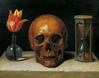 Vanitasstilleben med en tulipan, en hodeskalle og et timeglass