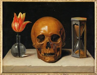 Vanitas, allegori om flyktig tid med hodeskalle og timeglass (olje på lerret)
