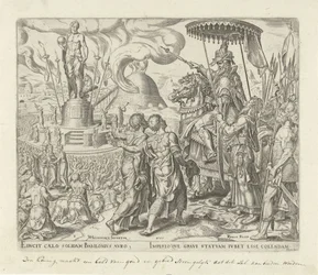 En rasende Nebukadnesar beordrer Shadrak, Mesjak og Abed-Nego å bringes til ham Historien om Shadrak, Mesach og Abednego (serietittel)